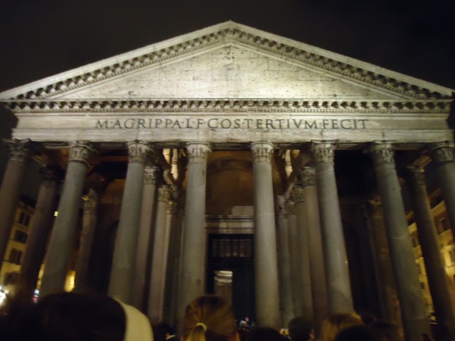 Exterior shot of the Pantheon at night.