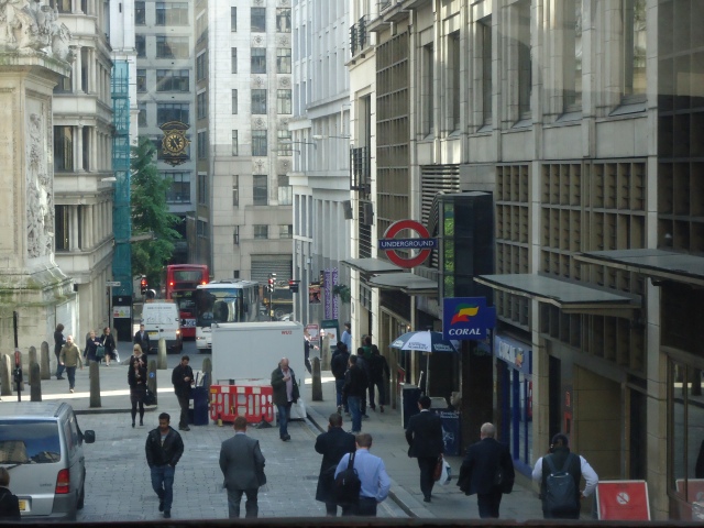 View down a side street with a tube station.