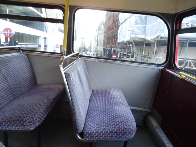 Bench seats on the old style bus.